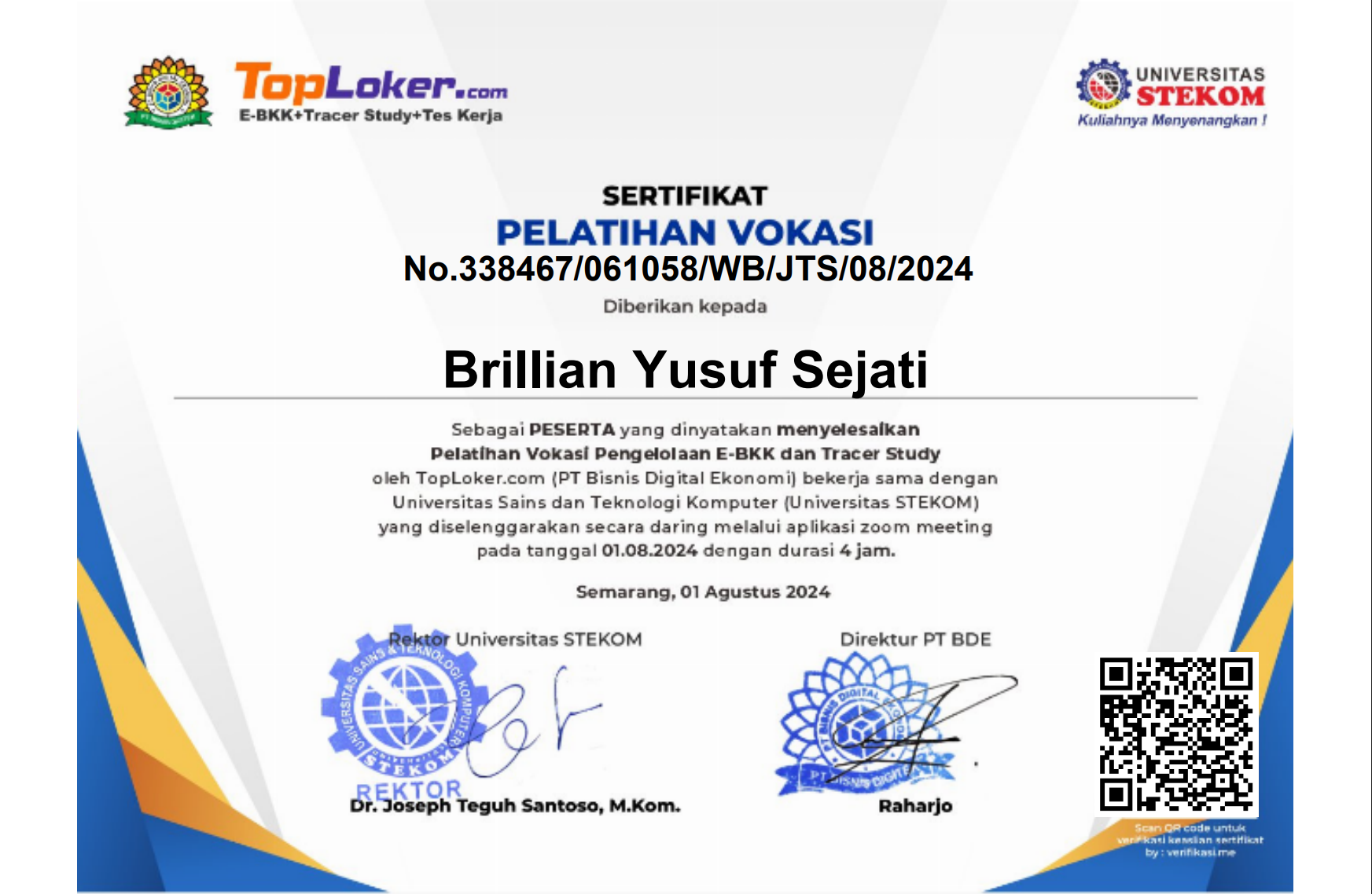 Sertifikat Vokasi Pengelolaan E-BKK & Tracer Study